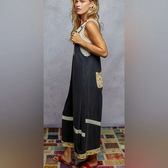 Pol Stylish Black French Terry Overalls with Patterned Details - Picture 3 of 4